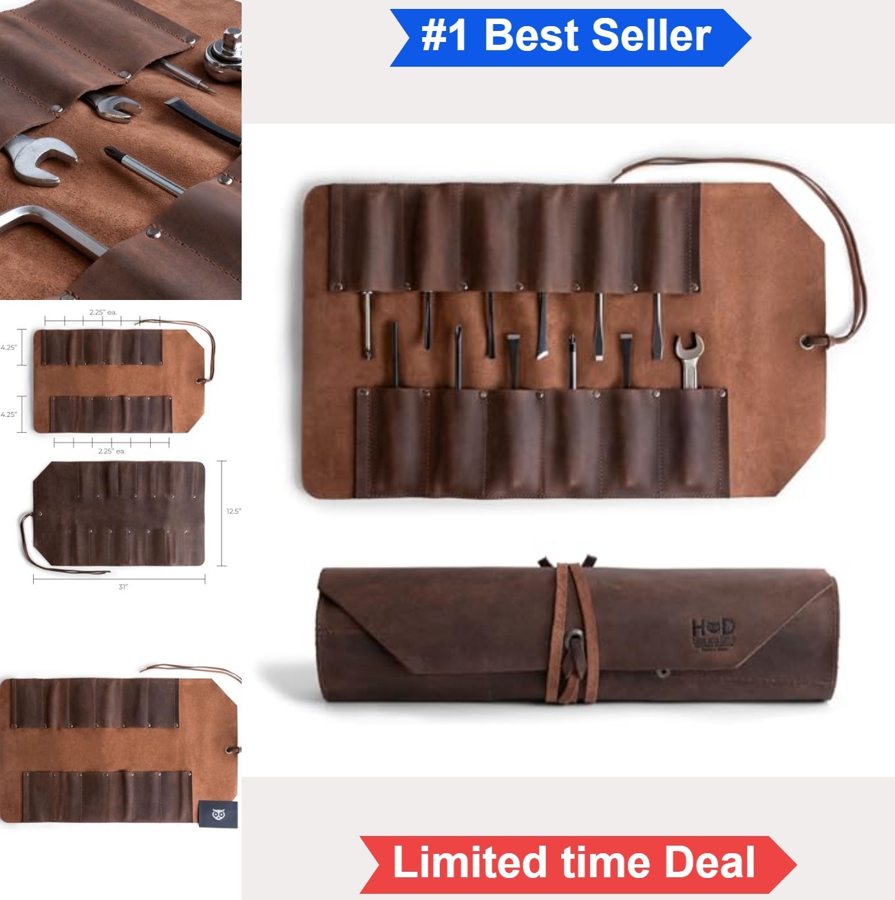 Leather Tool Roll Up Bag 12 Slot Heavy Duty Organizer Portable Tool Wrap for