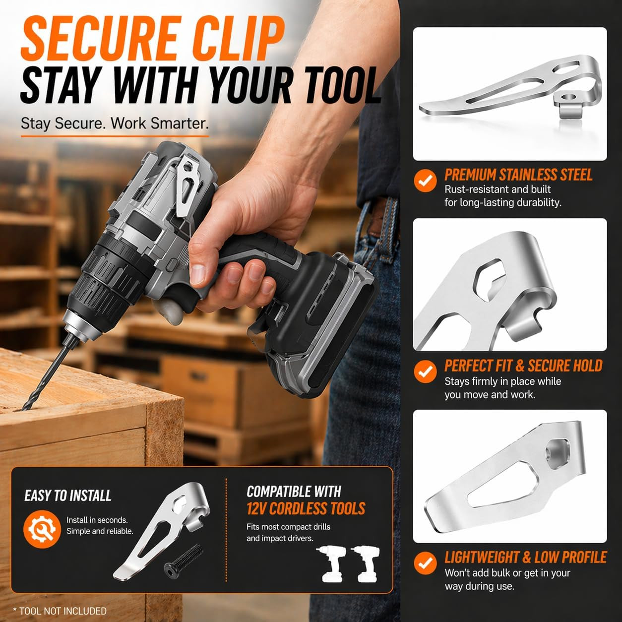 2-Pack Stainless Steel Belt Clip Hook Kit for 12V Cordless Tools, Compatible wit