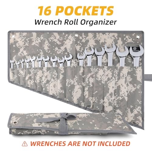 16 Pocket Wrench Roll Organizer—Rolled Tool Pouch Bag—Light Camouflage
