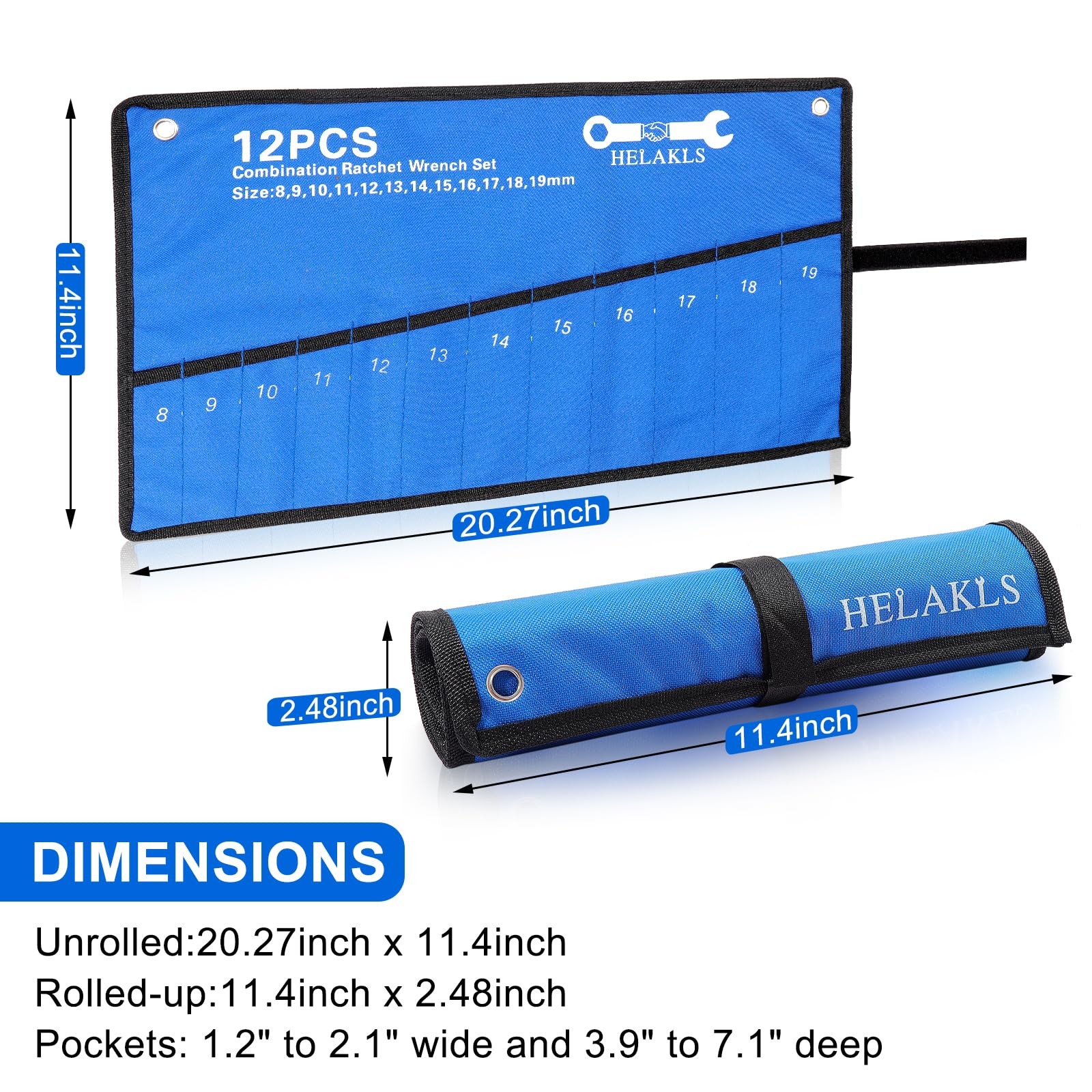 HELAKLS Wrench Tool Roll Up Pouch Metric 12 Pocket (8-19mm) Tool Roll Bag for…