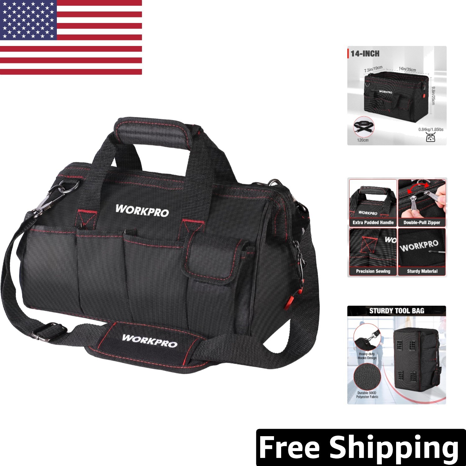 Durable 14-Inch Multi-Pocket Tool Bag with Adjustable Shoulder Strap in Black