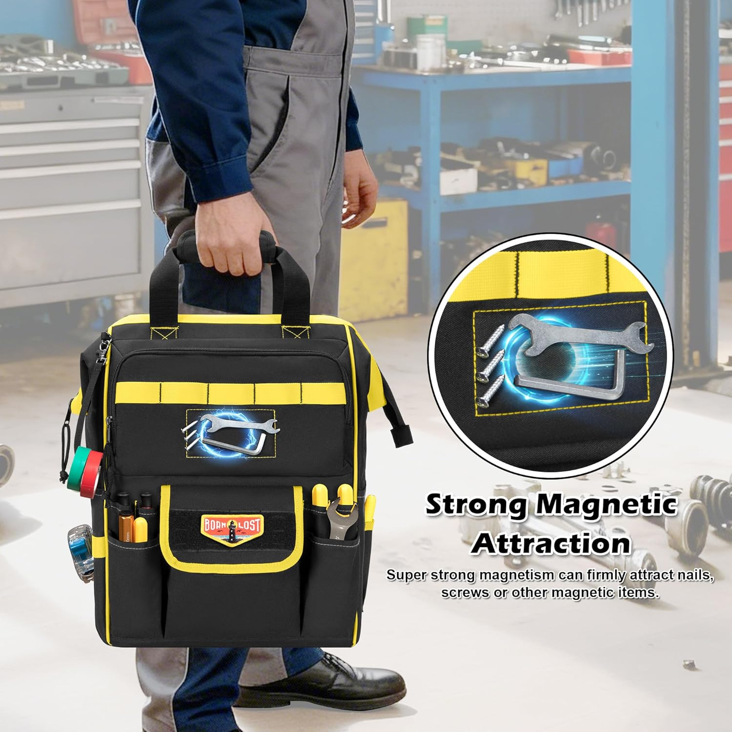 Durable Tool Bag Backpack with Magnetic Pouch for Electricians & Techs