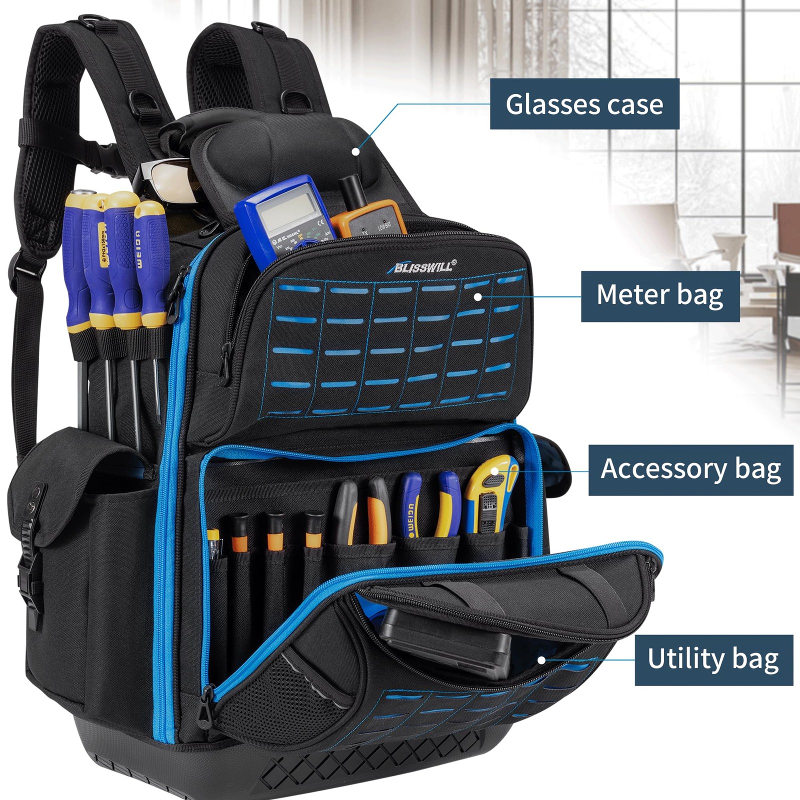 BLISSWILL Tool Bag Backpack for men,Heavy Duty 14″ L x 8″ W x 19.5″ H, Black