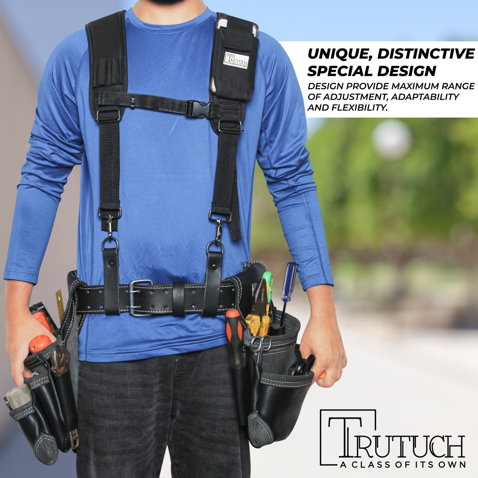 TRUTUCH Black Nylon & Leather Tool Belt with Nylon Work Suspender | Tool Belts