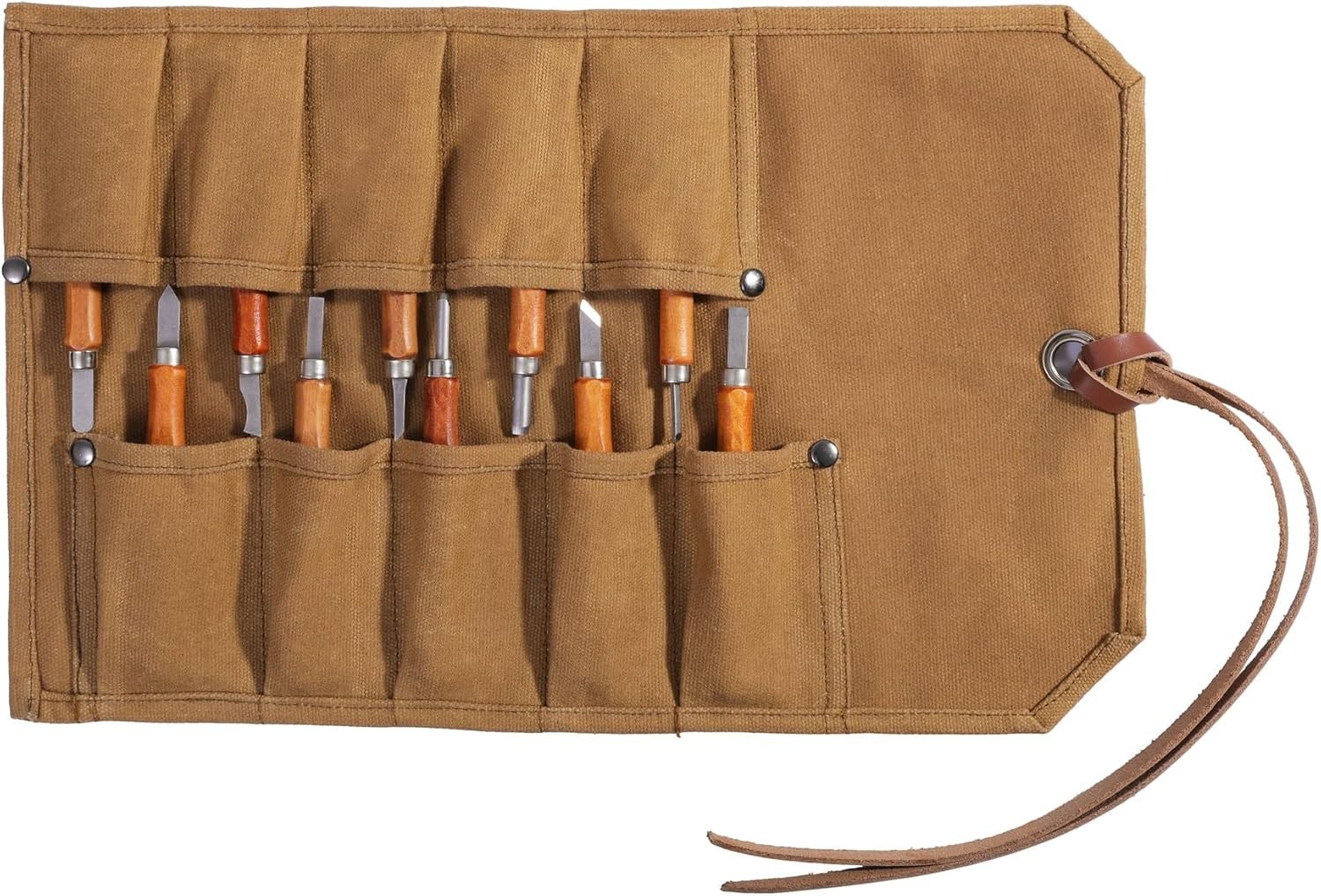 Khaki Heavy-Duty Waxed Canvas Tool Roll with 10 Pockets – Durable Organizer