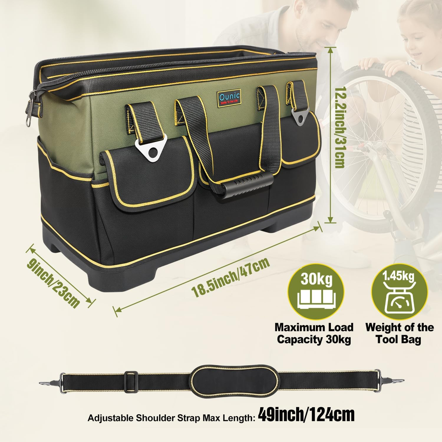 Tool Bag, 18 Inch Large Tool Tote Bag Heavy Duty with Waterproof Molded Base, W