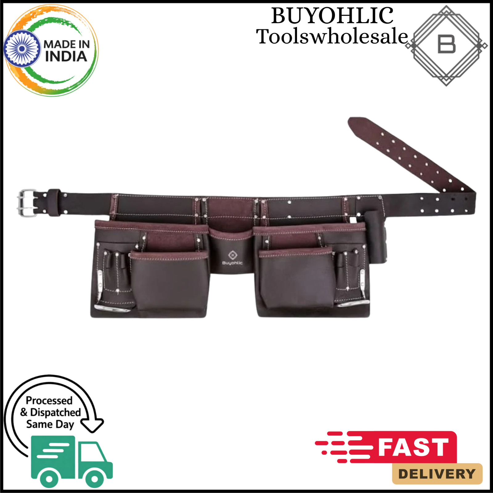 12-Pocket XL Leather Tool Belt, Adjustable 28–40″ Waist
