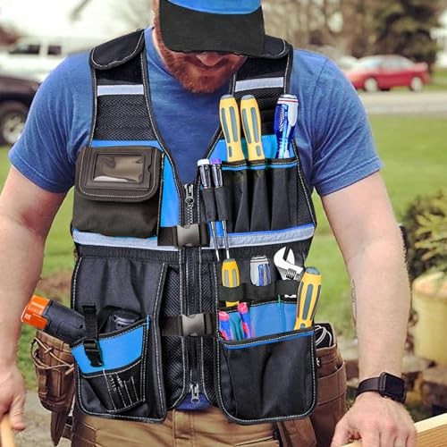 Electrician Tool Vest for Men, Hi Vis Tool Vest with 17 Compartments, Blue