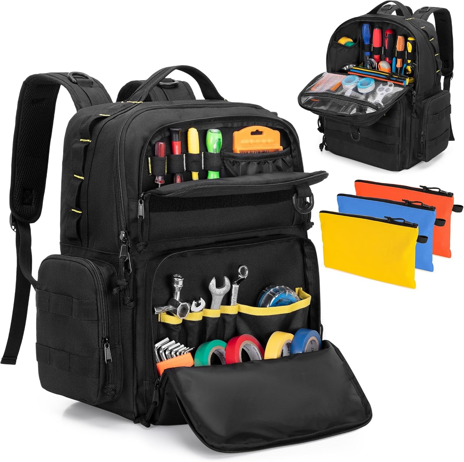 Tool Bag Backpack for Men with 3 Pouches, Heavy-Duty Storage Black