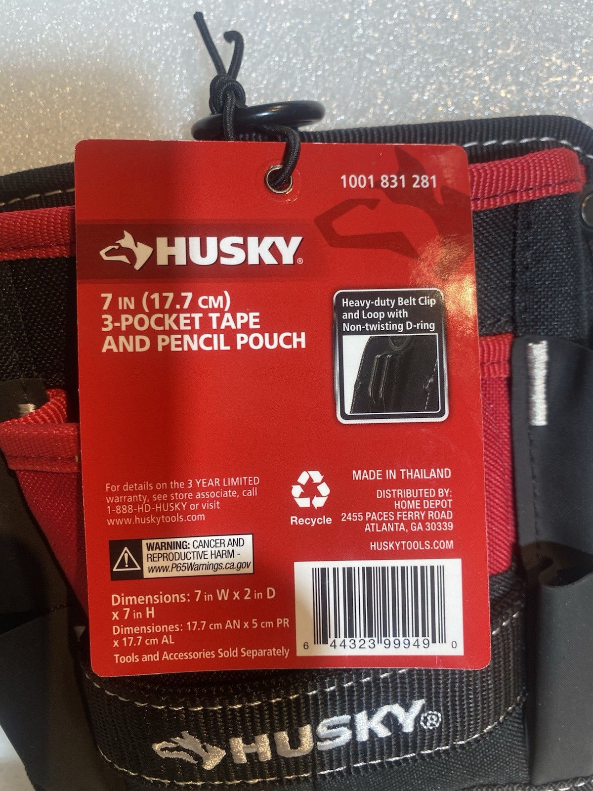 Husky Tool Belt Pouch 3 Pocket Clip On 7 in Water Resistant Heavy Duty Storage