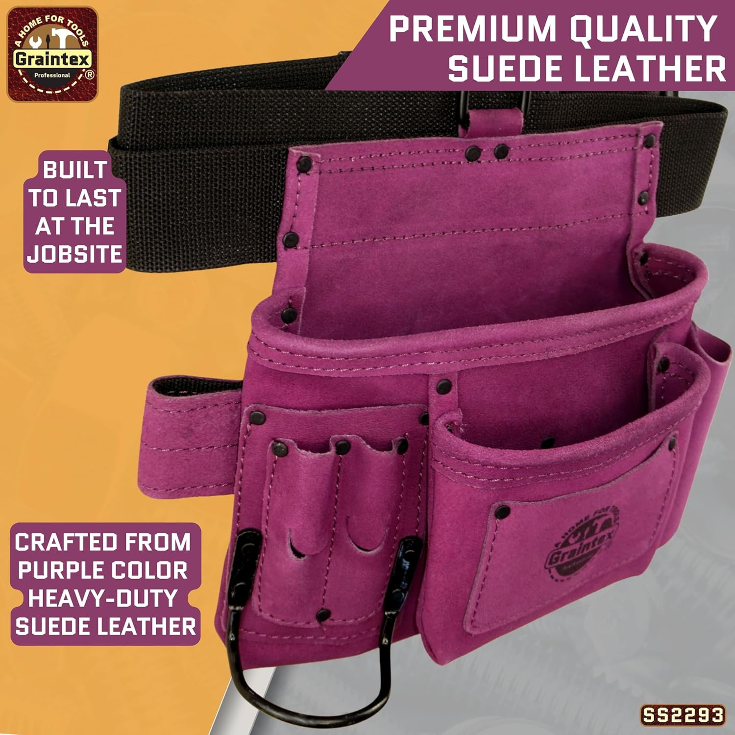 5 Pocket Suede Leather Tool Belt/Bag | Purple | Multipurpose Leather Tool Belt f