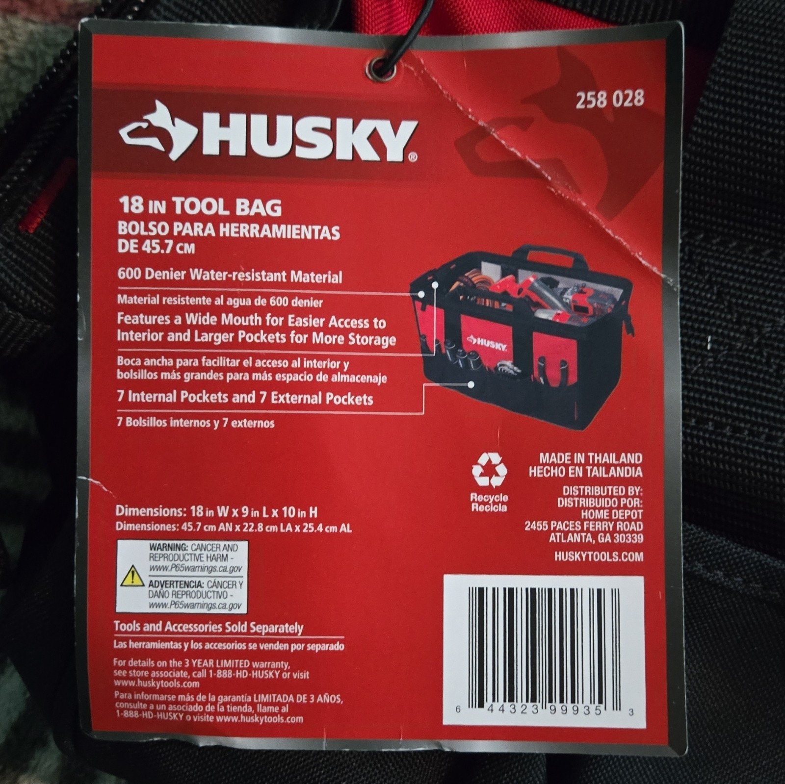 Husky 18 in Tool Bag Red/Black 600 Denier Water Resistant Model 258 028