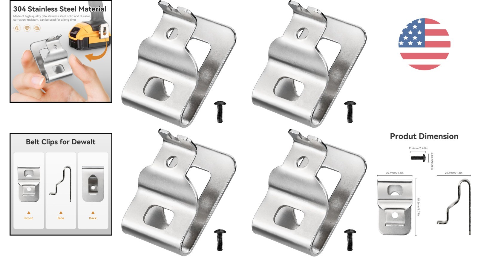 Dewalt Compatible Tool Hooks – 4pcs Stainless Steel Belt Clips with Screws