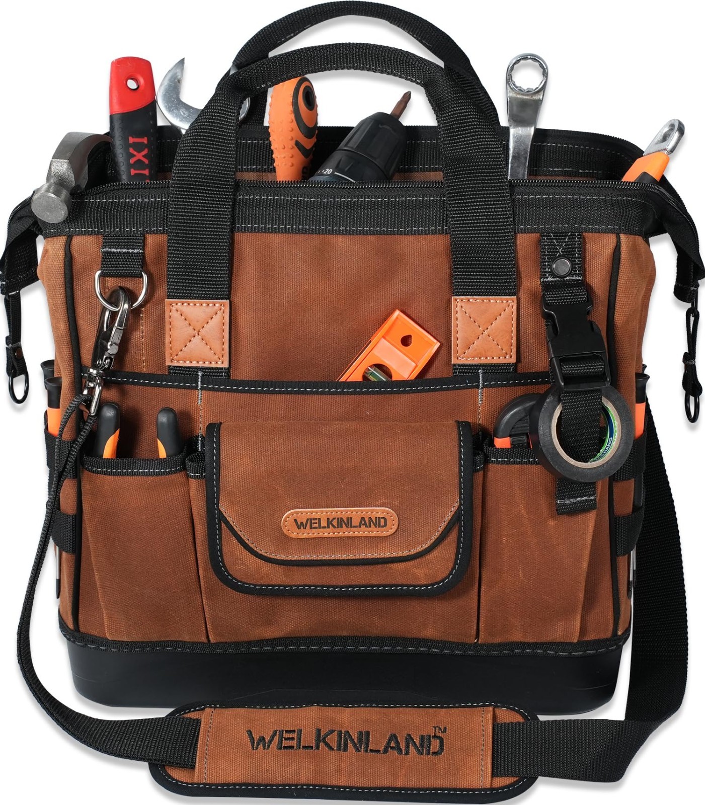 22-Pocket Heavy Duty Tool Bag – 14″ Waxed Canvas, Hard Bottom, Electrician & Mec