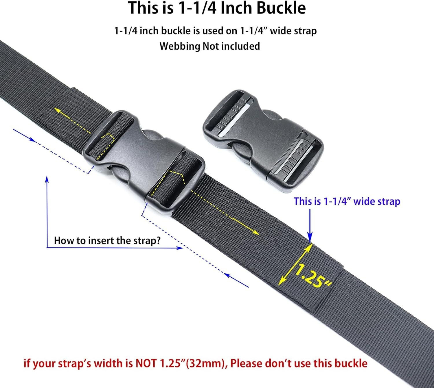 Heavy Duty 1-1/4 Inch Plastic Side Release Buckles 2 Sets Black Webbing Strap