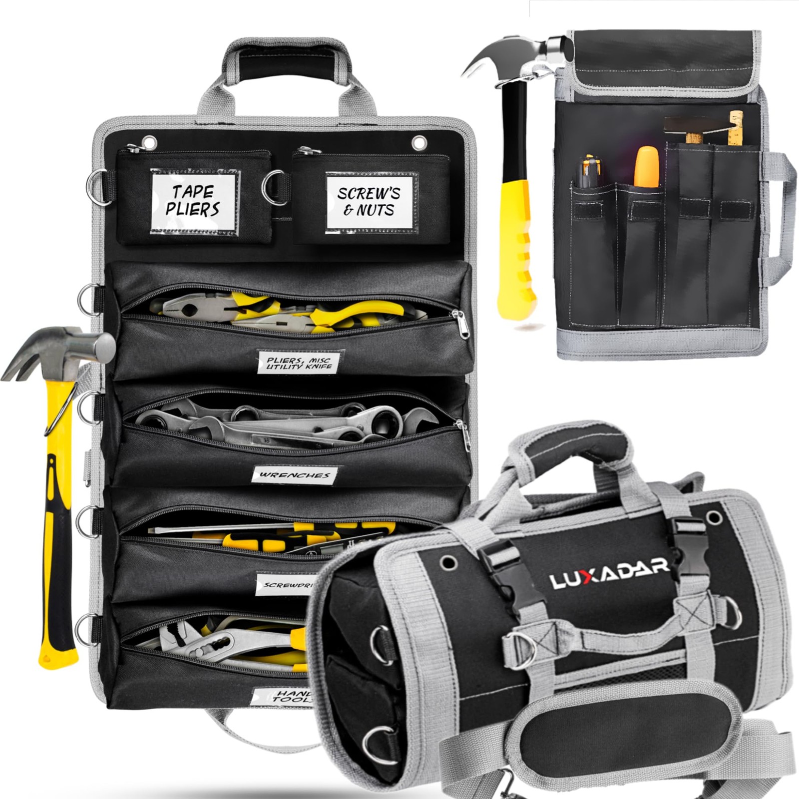 Updated Roll Up Tool Bag, Extra Features, 6 Detachable Pouches with Name Tags…