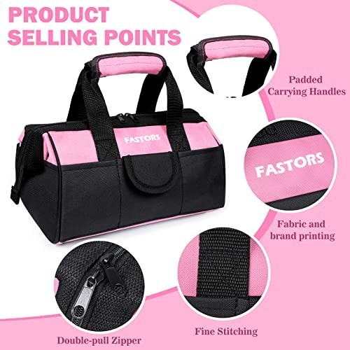 Pink Tool Bag 13 Inch Wide Mouth Double Zipper 8 Outside Pockets 2 Inside