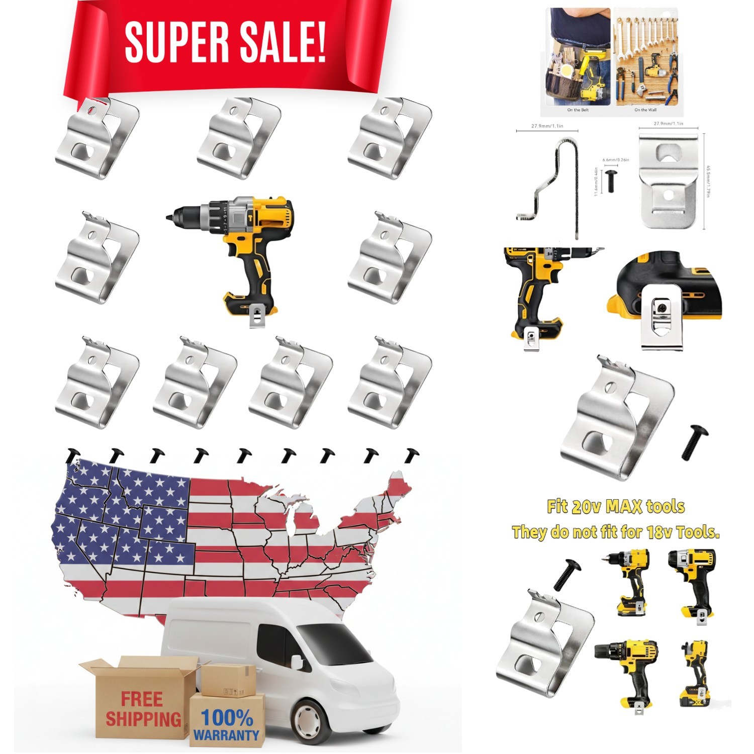Efficient 9-Pack Belt Clip Hooks for Dewalt 20V MAX Tools with Screws Included