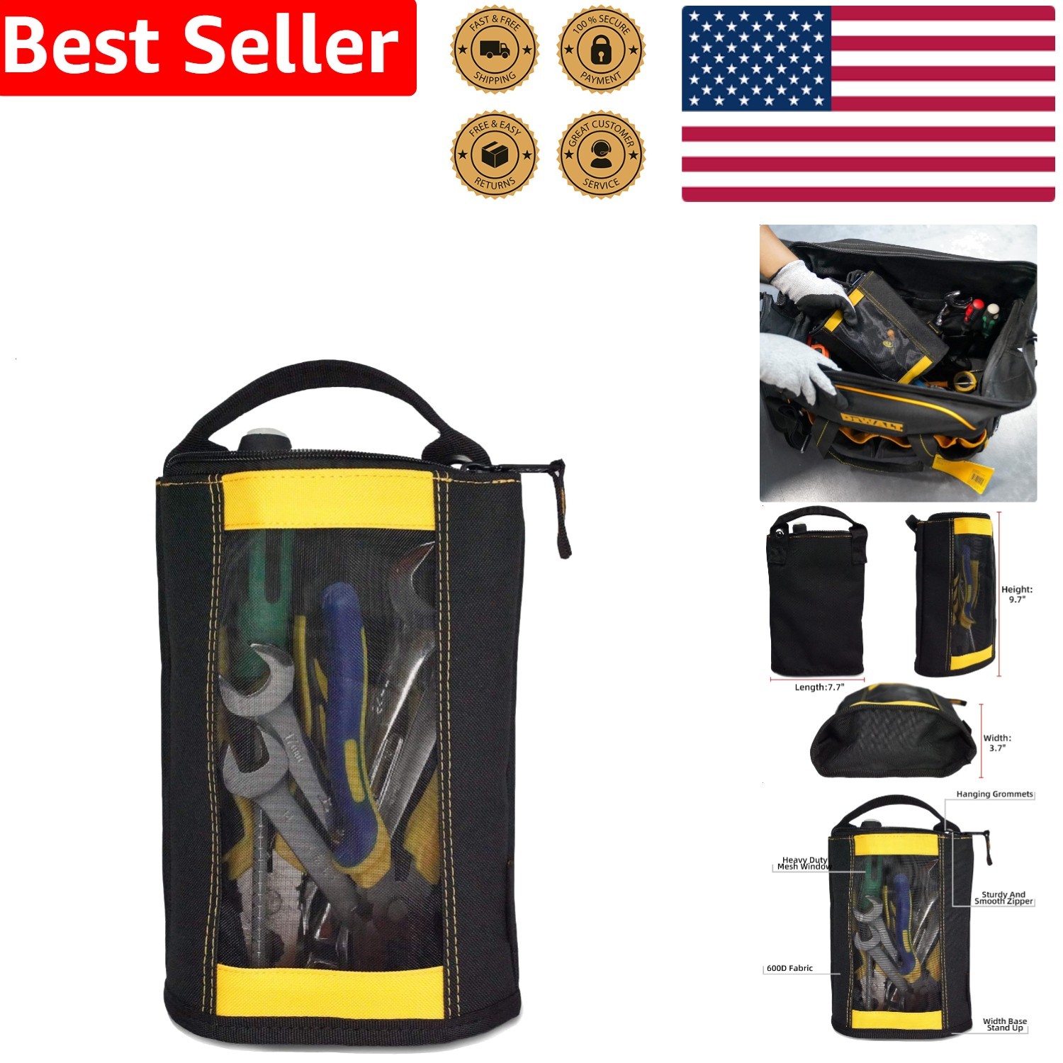 Durable Zipper Tool Pouch Yellow Mesh Pocket Hardware Organizer Stand-Up Design
