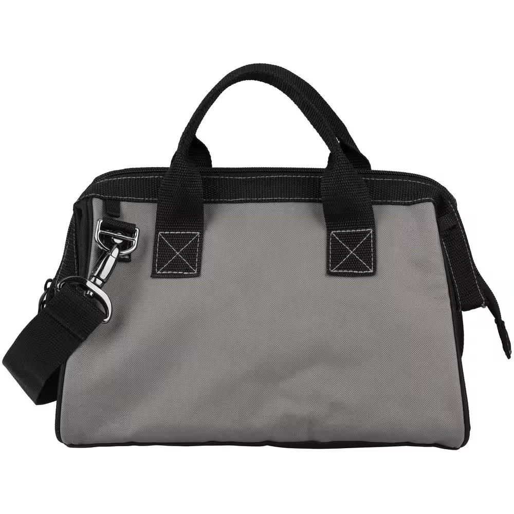 12 In. Black Water-Resistant Tool Bag with Dual Zipper, Adjustable Shoulder Stra