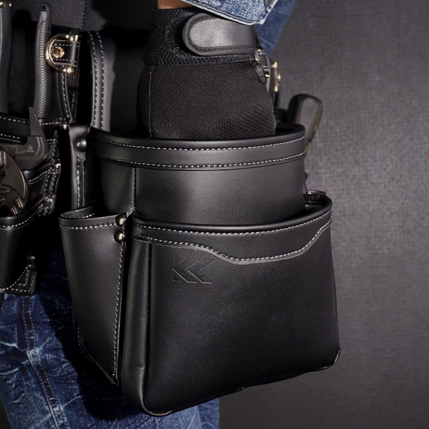 Fujiya AB-22BG 2-Tier Tool Pouch Black & Gold Light PU Leather Series Waist Bag