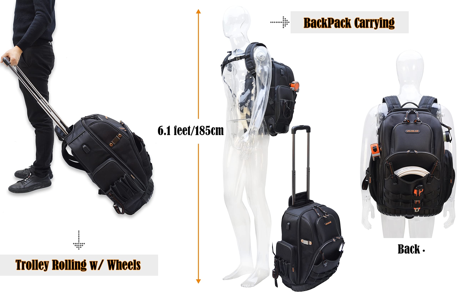 72pockets Rolling Tool Backpack For Electricians Large Tool Bag With Wheels Roll
