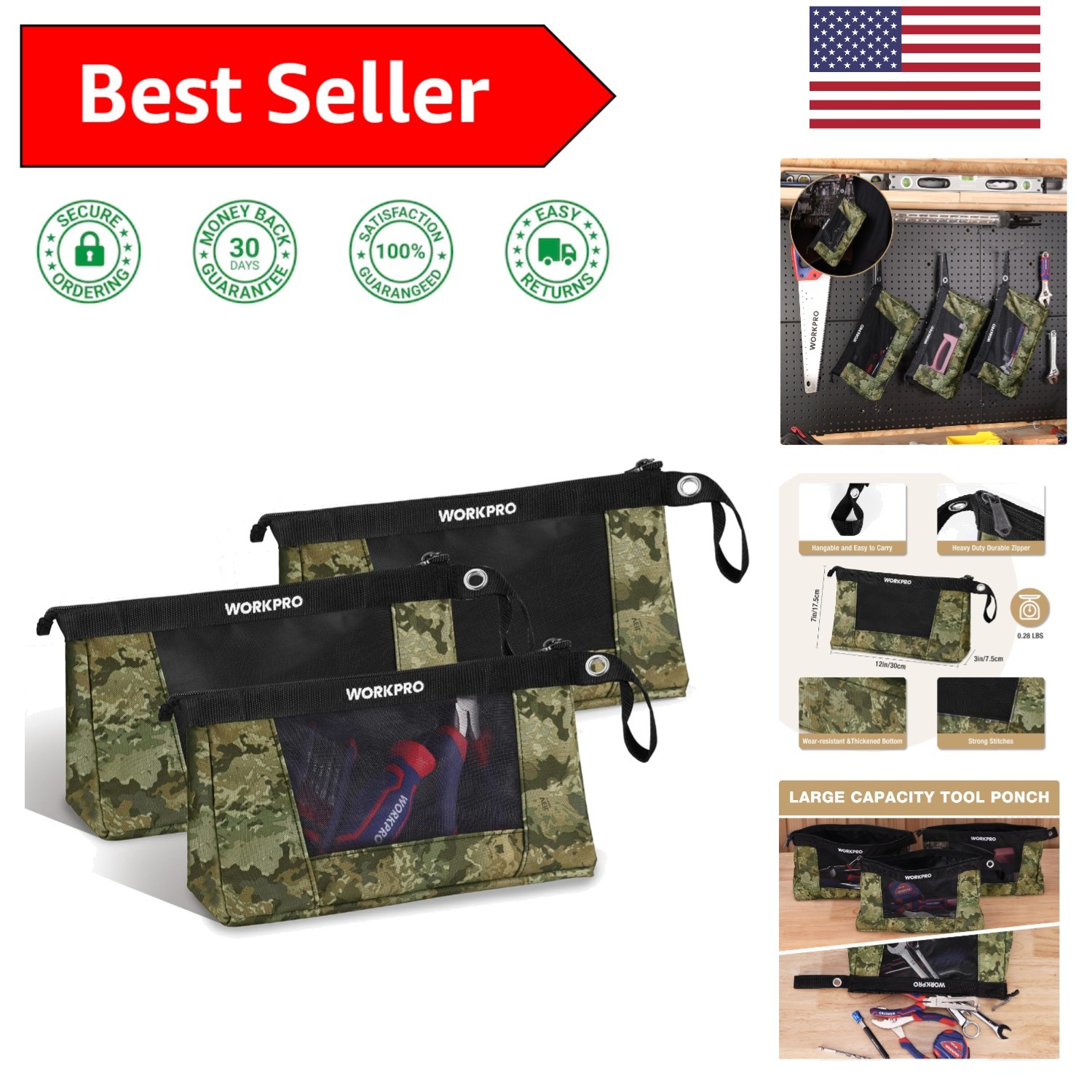 12″ Heavy-Duty Tool Pouches with Zipper – 3 Pack Camo for Ultimate Organization