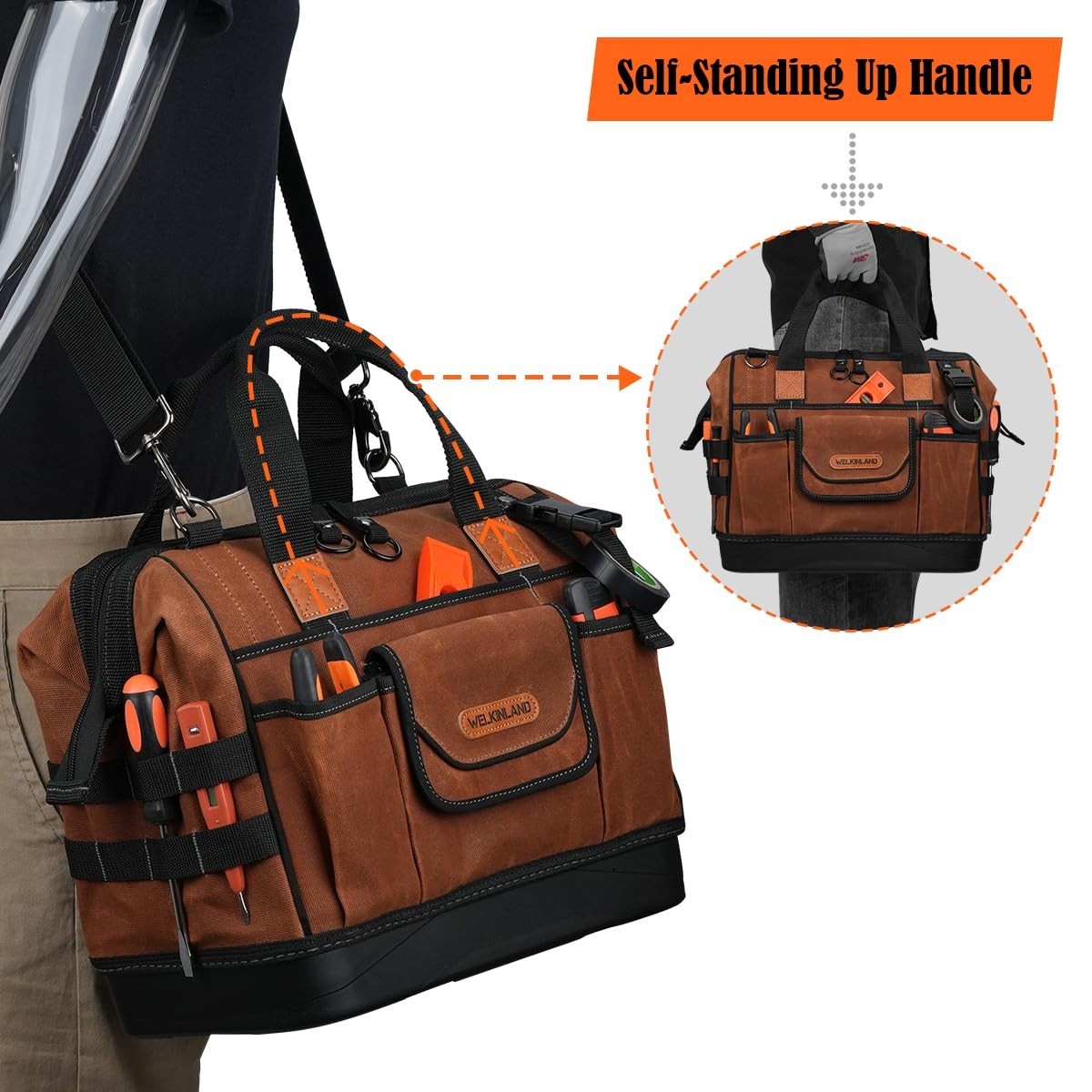 22-Pocket Heavy Duty Tool Bag – 14″ Waxed Canvas, Hard Bottom, Electrician & Mec
