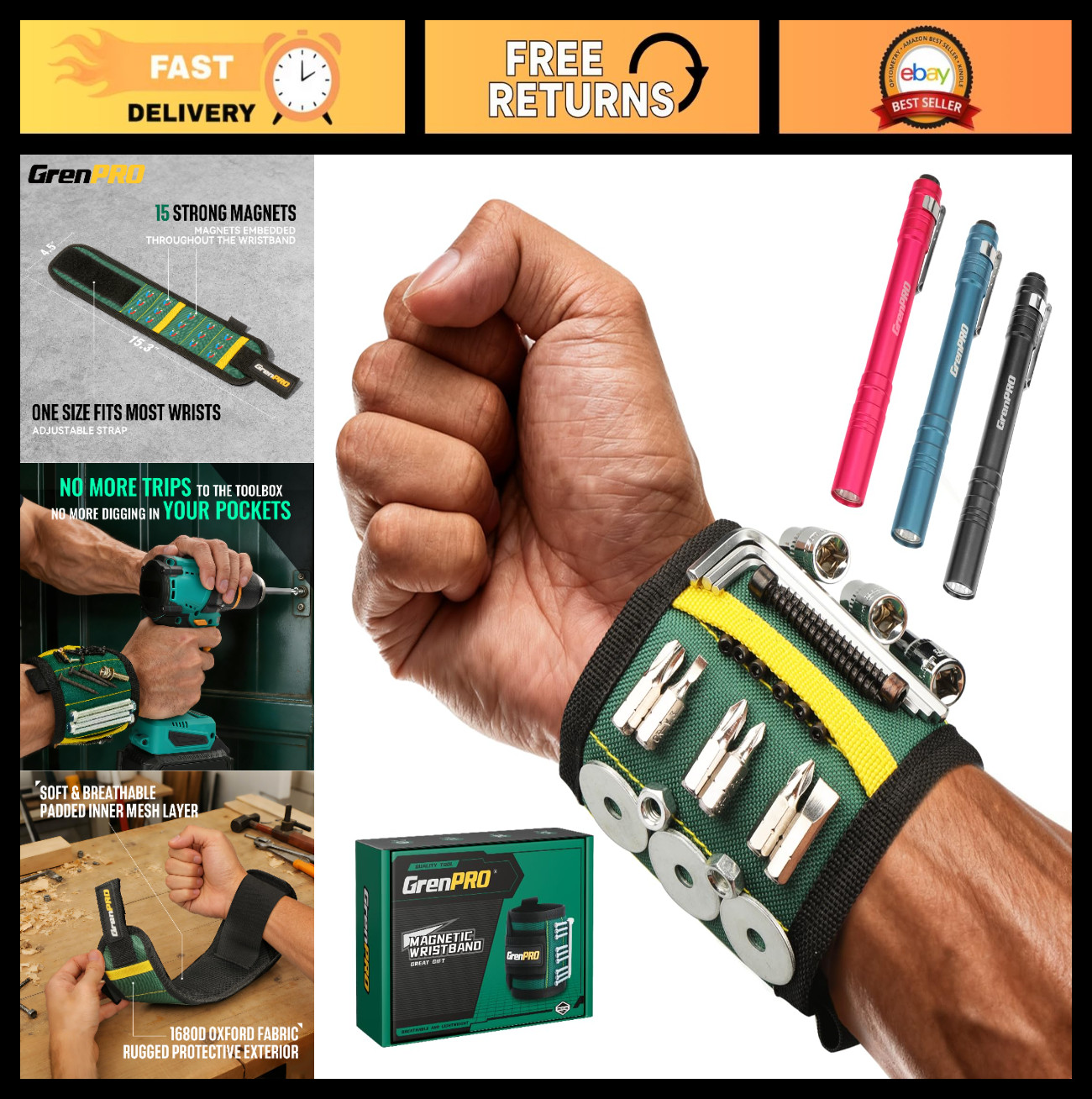 Magnetic Tool Wristband with 3 LED Flashlights – Heavy Duty Oxford Belt for Scre