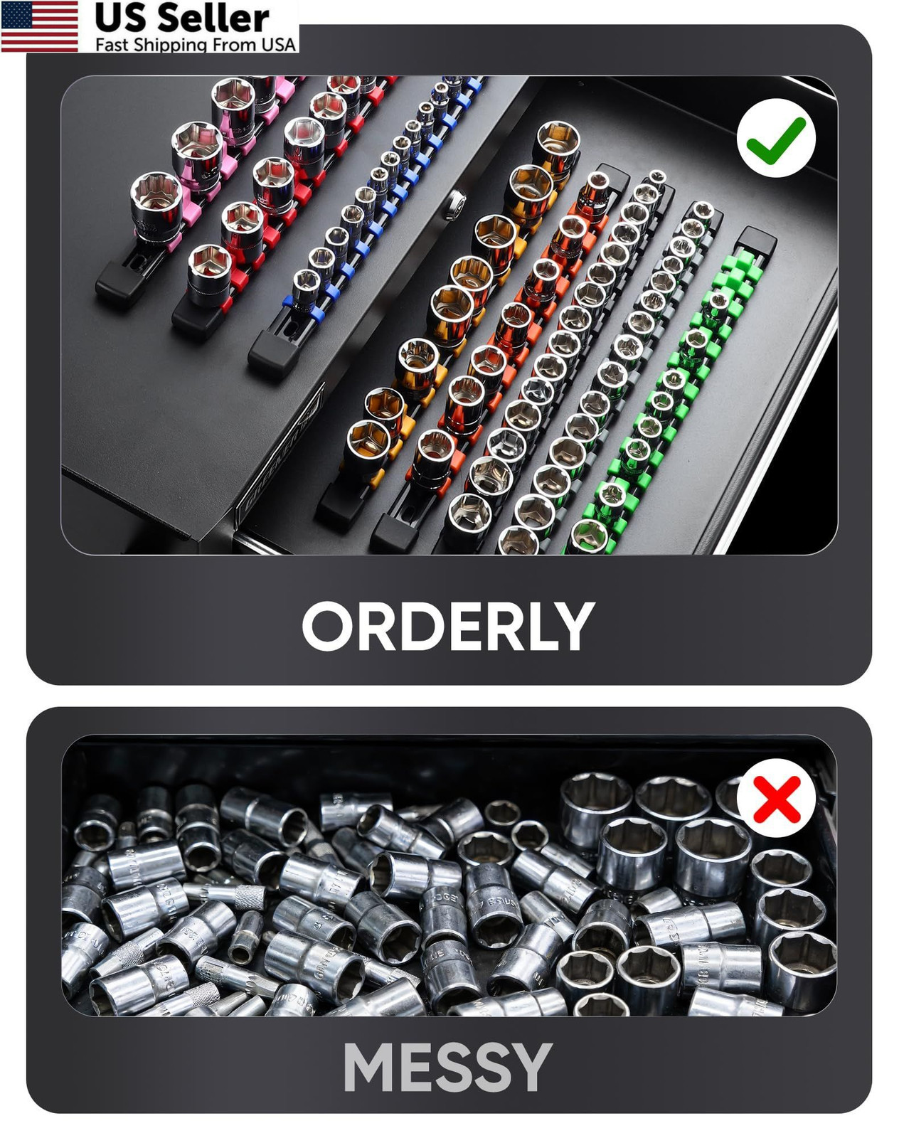 ALOANES 9PC ABS Socket Organizer, 9PC, 1/2, 3/8 & 1/4-inch Drive, Black