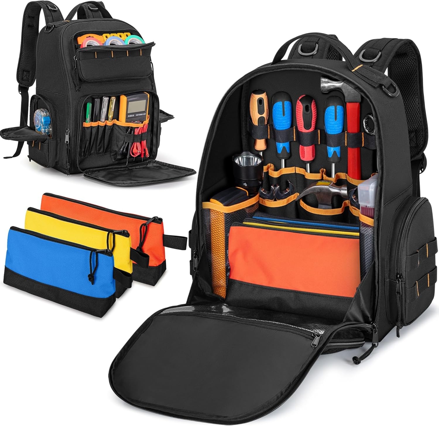 Tool Bag Backpack with 3 Tool Zipper Pouch, Tool Organizer Bag for Men with Padd