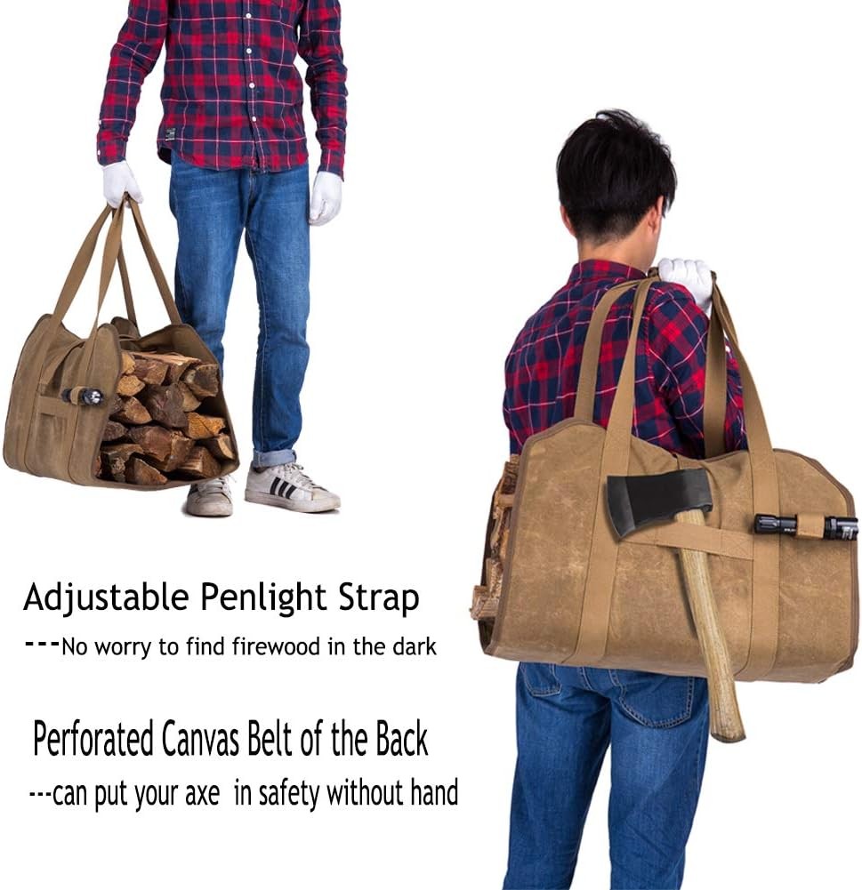 Firewood Carrier, Waxed Canvas Bag, Heavy Duty Tote Bag for Logs, Wood Carrying,