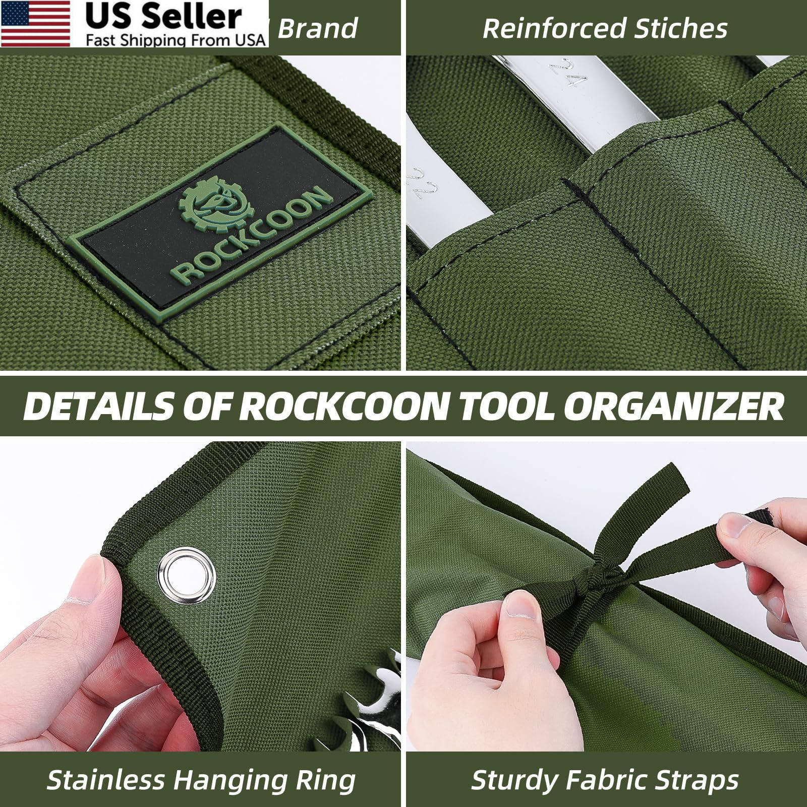 ROCKCOON Wrench Roll Organizer 16 Pockets, Pouch Up with Green
