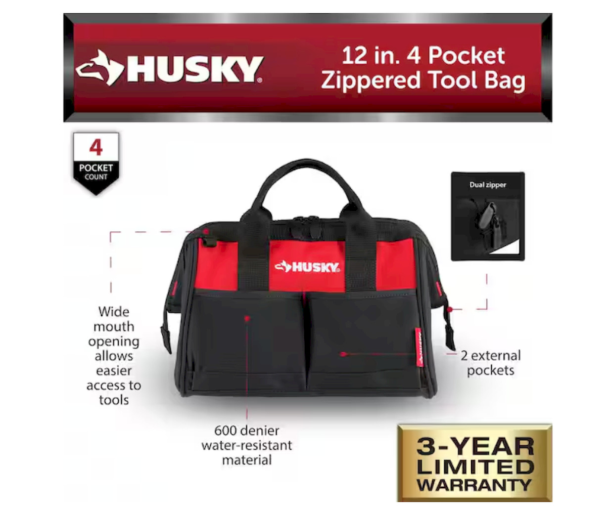 Husky 12 in 4 Pocket Zippered Tool Bag