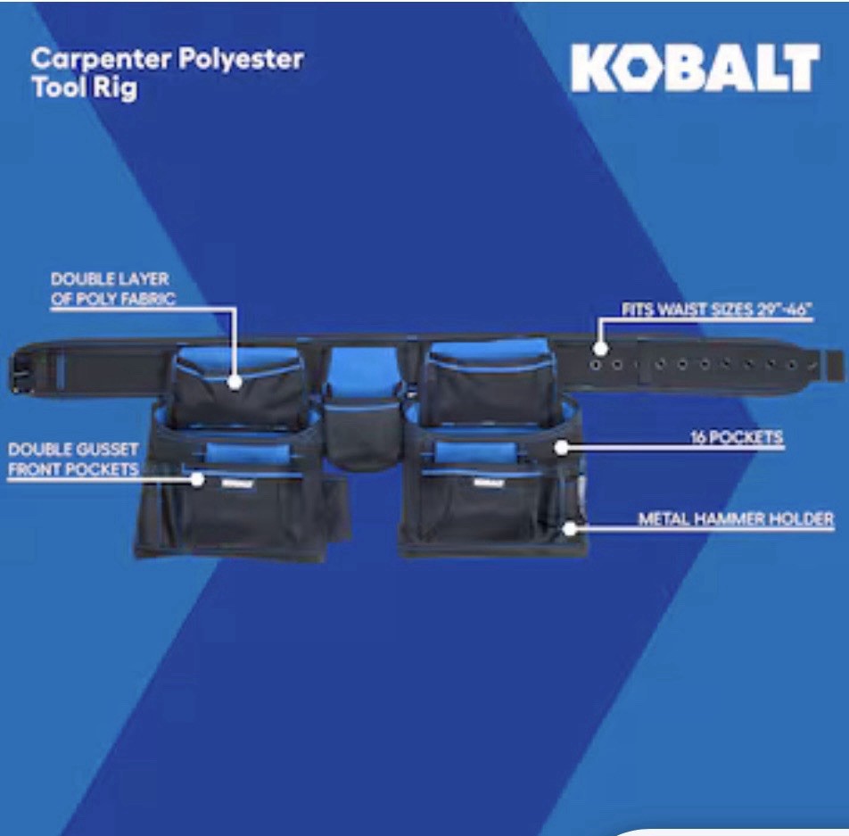 Kobalt Carpenter Polyester Tool Belt 16 Pockets Metal Hammer Holder Black/Blue