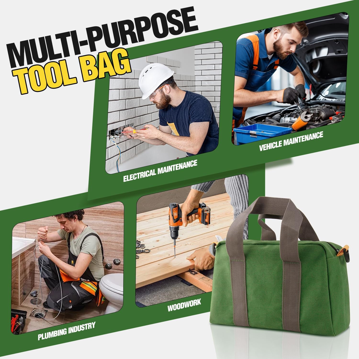 Small Tool Bag, Canvas Storage Large Capacity 12 Inch, Green