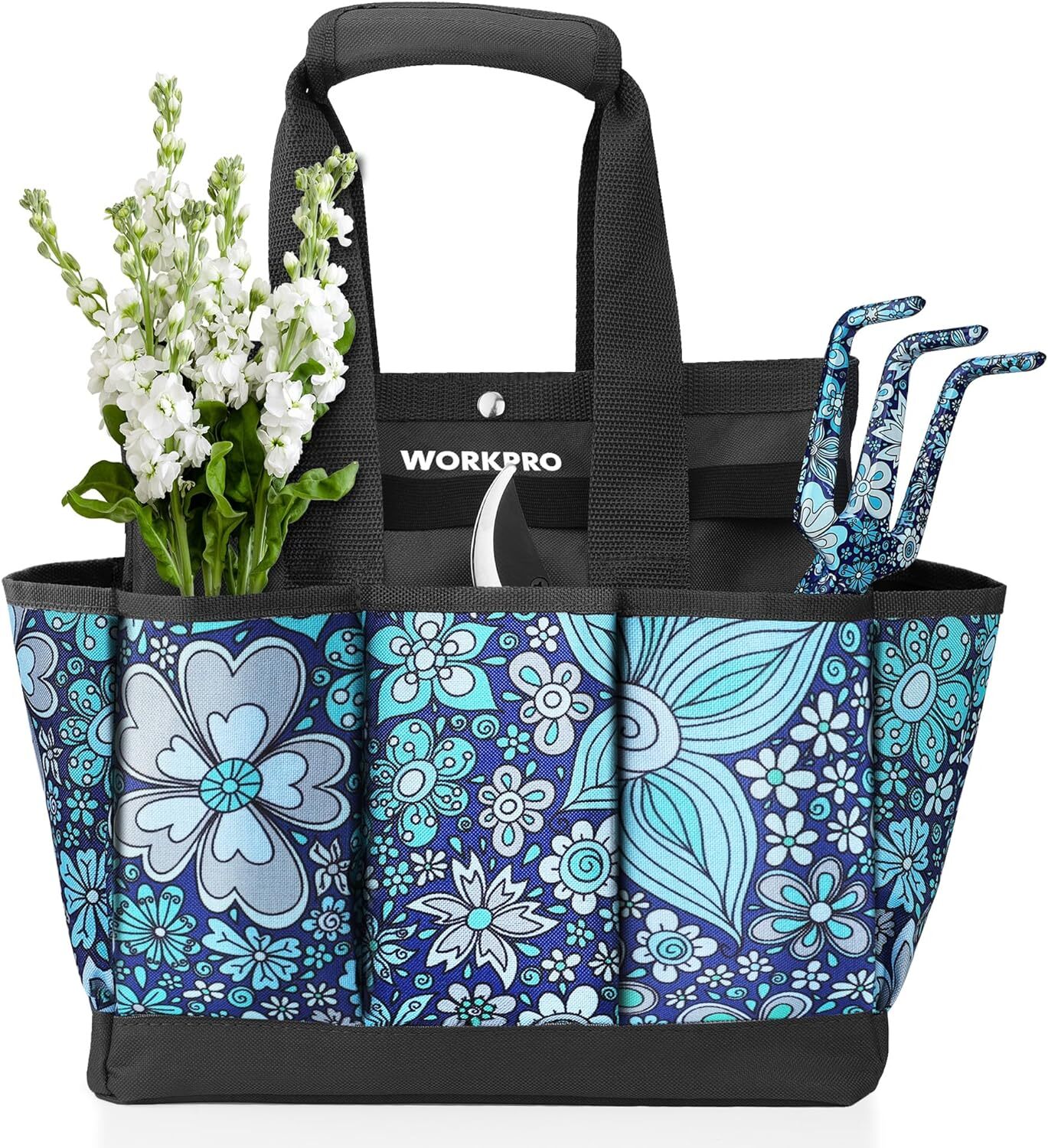 WORKPRO Garden Tool Bag, 9 Pockets Garden Tote Bag 12″ x 12″ x 6″ (Floral Blue)