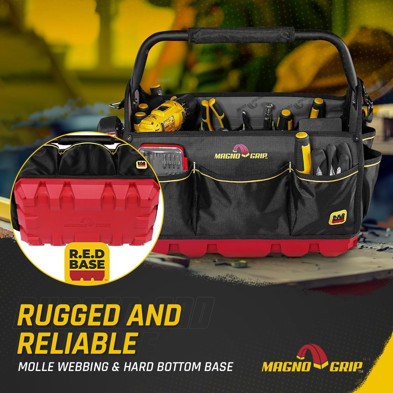 Heavy-Duty 18″ RED Pro Tool Tote – 20 Pockets & Waterproof Bottom