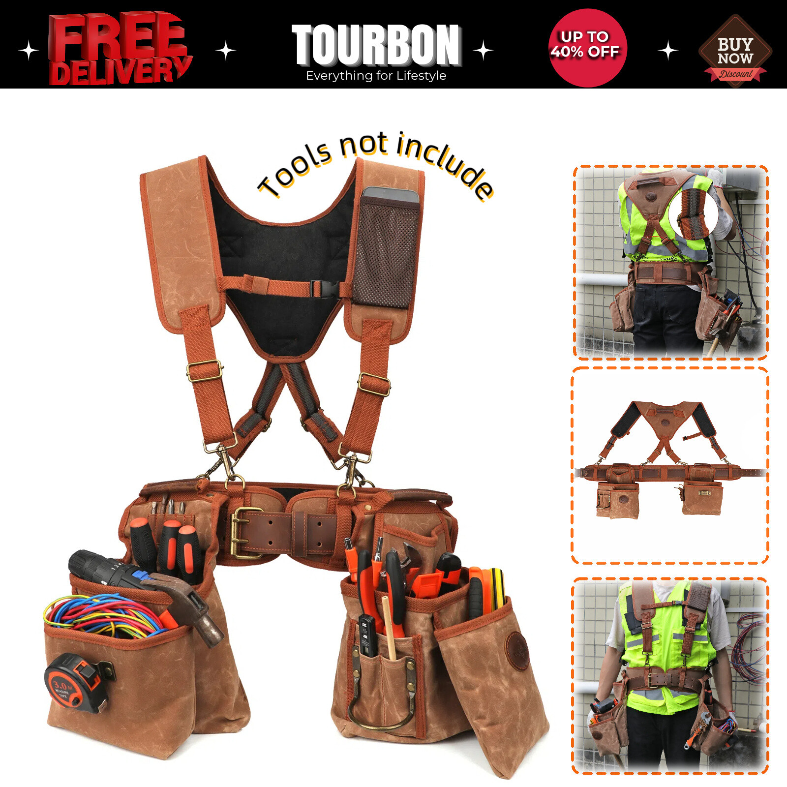 TOURBON Electrician/Carpenter/Framer Tool Storage Bag Suspender Rig Pack Beltbag