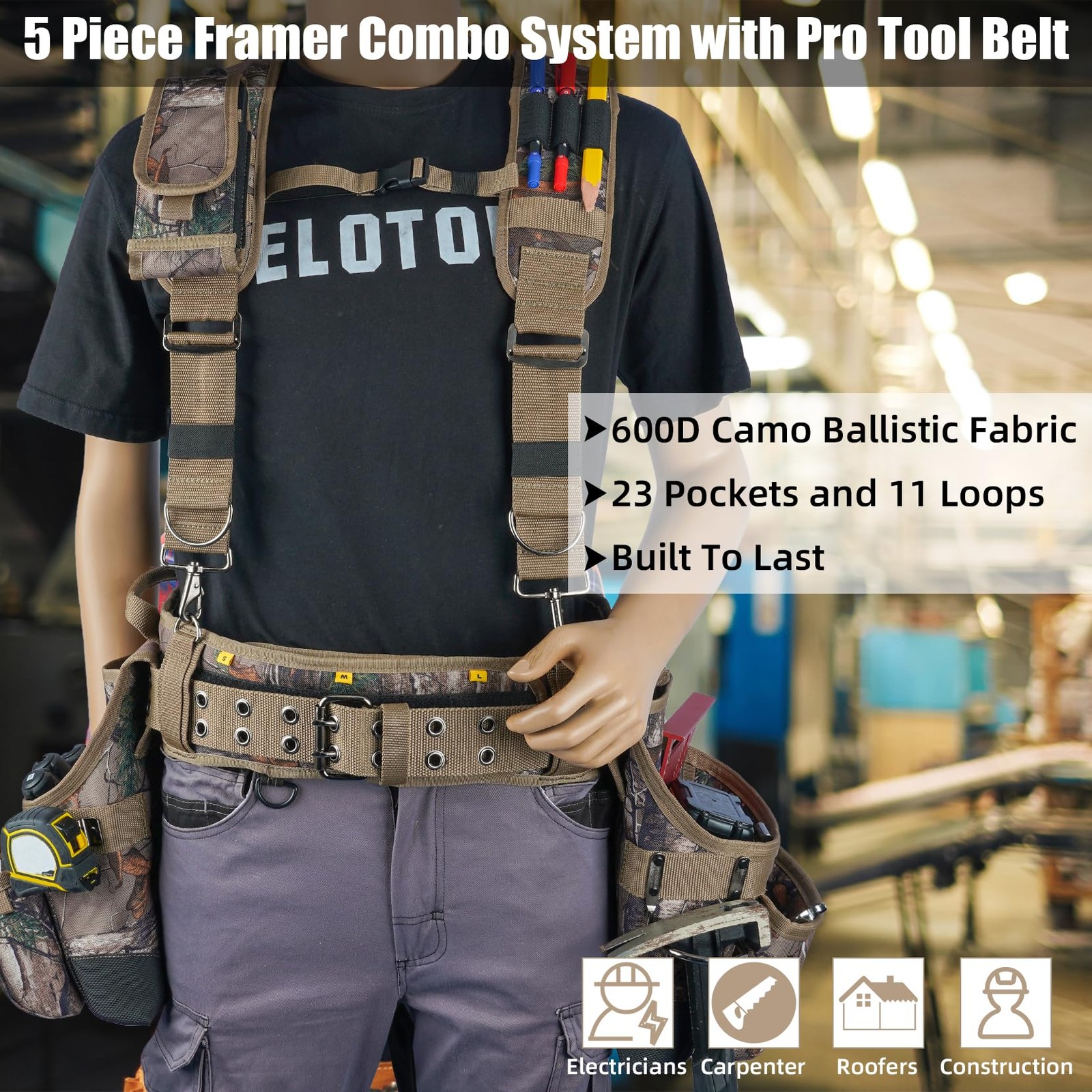 Heavy-Duty Camouflage Tool Belt with Suspenders for Electricians and Carpenters