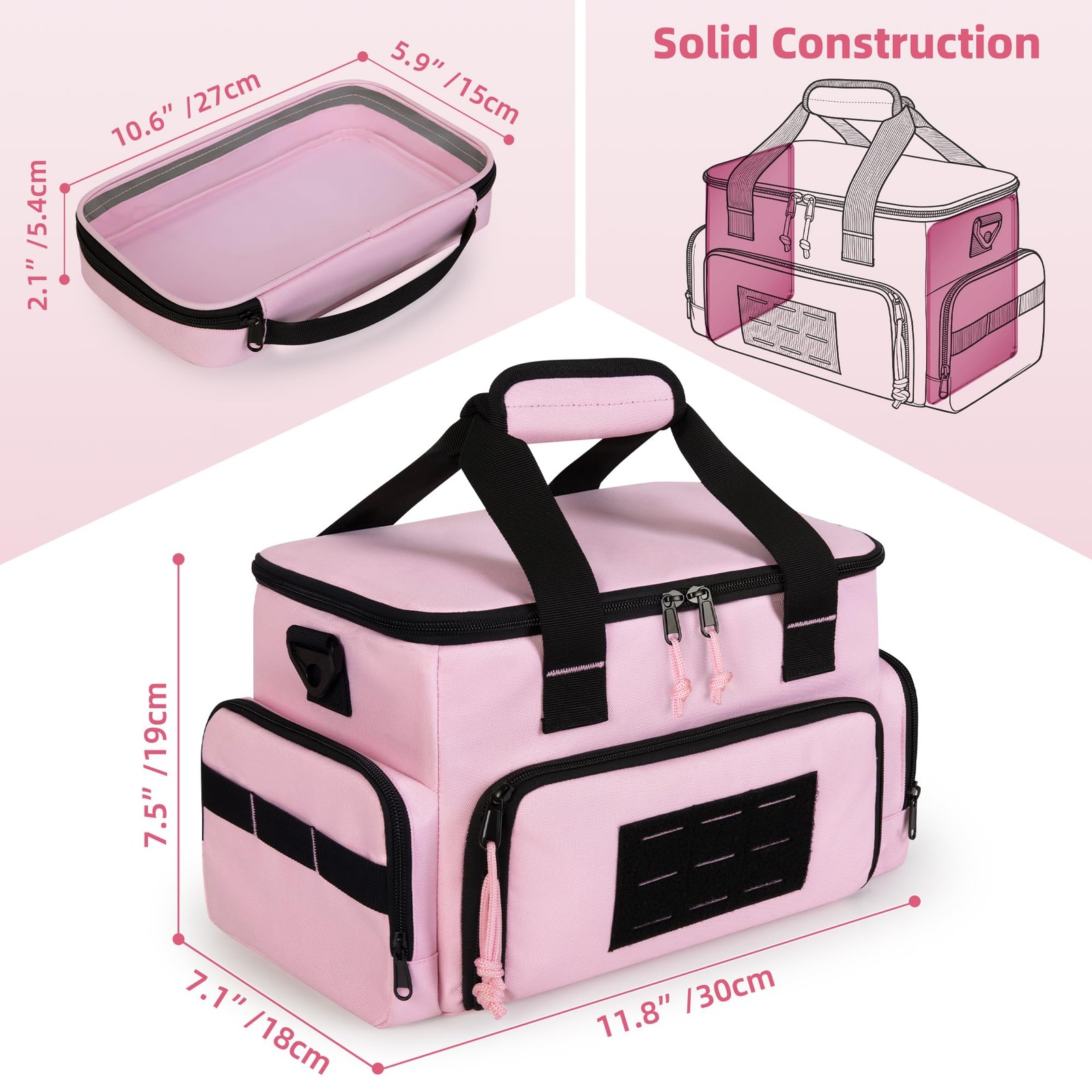 12″ Pink Tool Bag Women 2 Clear Pouches Double Layer Storage Organizer Box