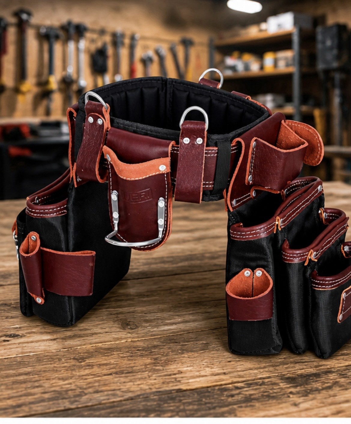 FUERI Leather Fabric Adjustable Padded Tool Belt Black Brown Multiple Pockets