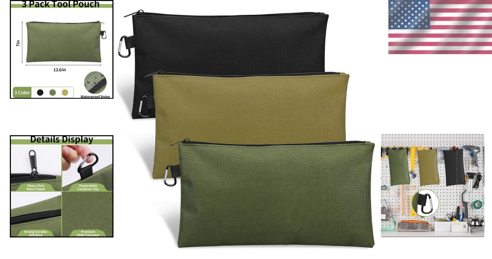 Moisture-Resistant 3 Pack Tool Pouches – Organizers in Three Colors