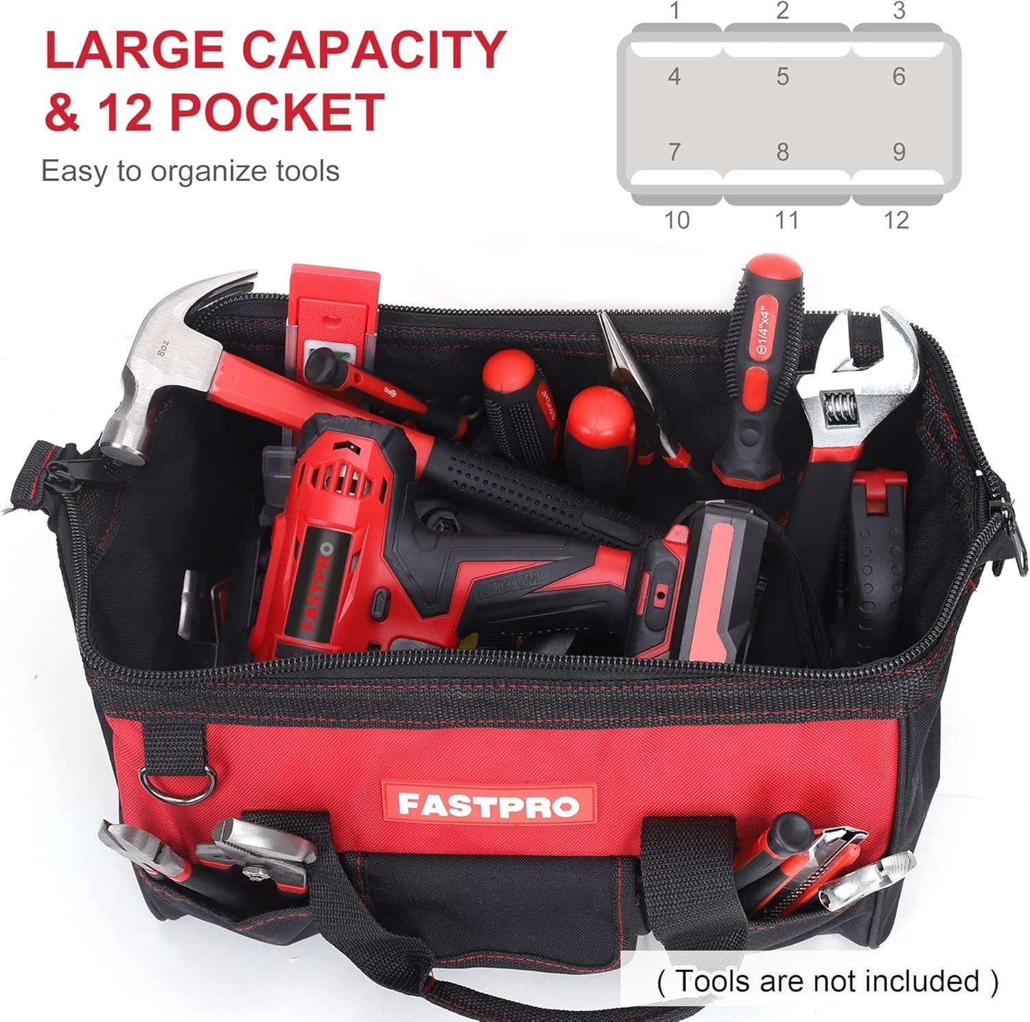 Adjustable Shoulder Strap Tool Bag, Black/Red