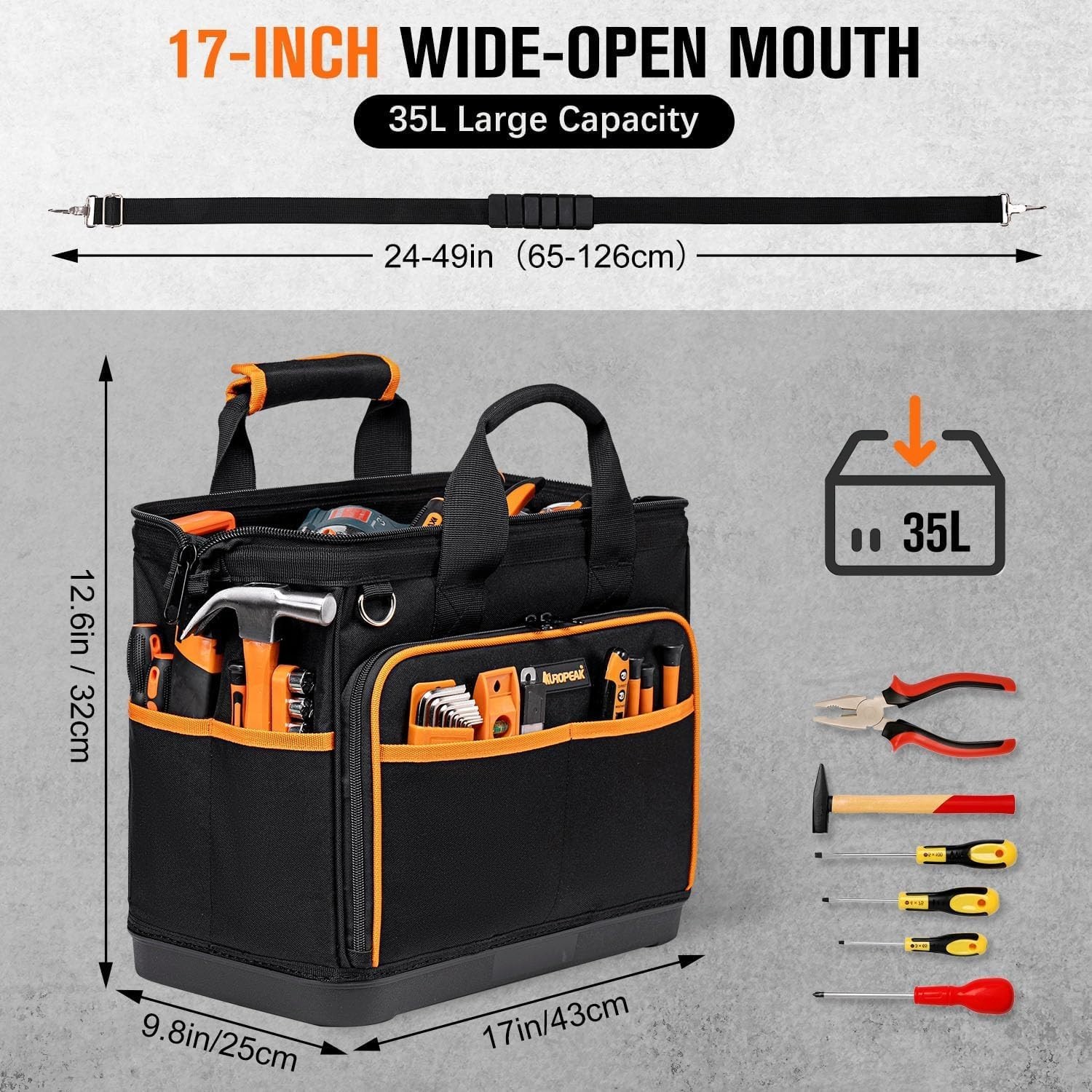 17in Electrician Tool Bag 26 Pocket Waterproof Hard Bottom Shoulder Strap Organi