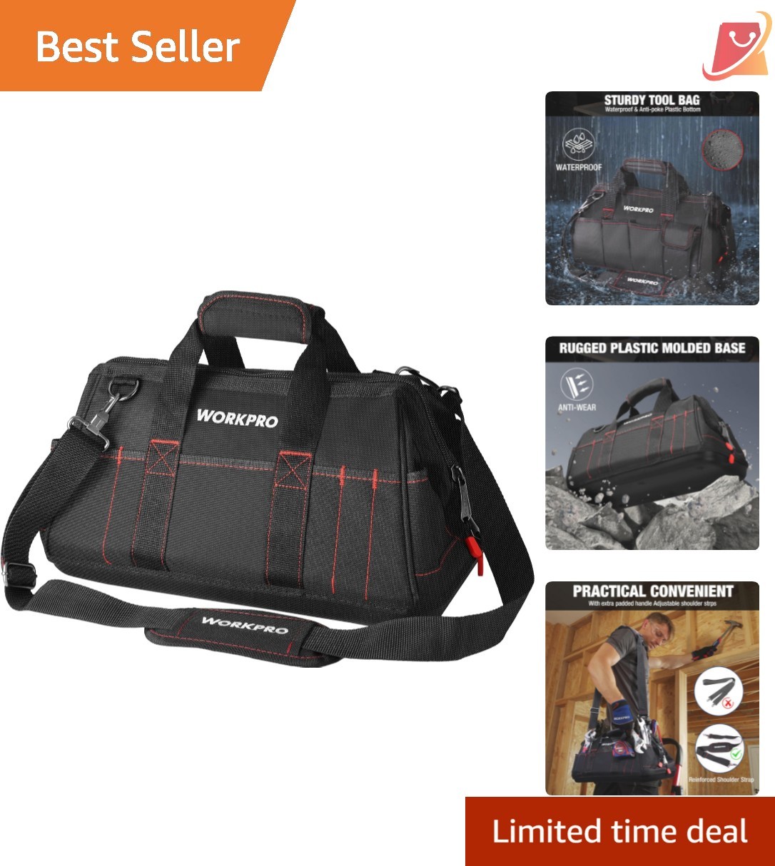 16-inch Waterproof Tool Storage Bag Wide Mouth Multi-Pocket Organizer