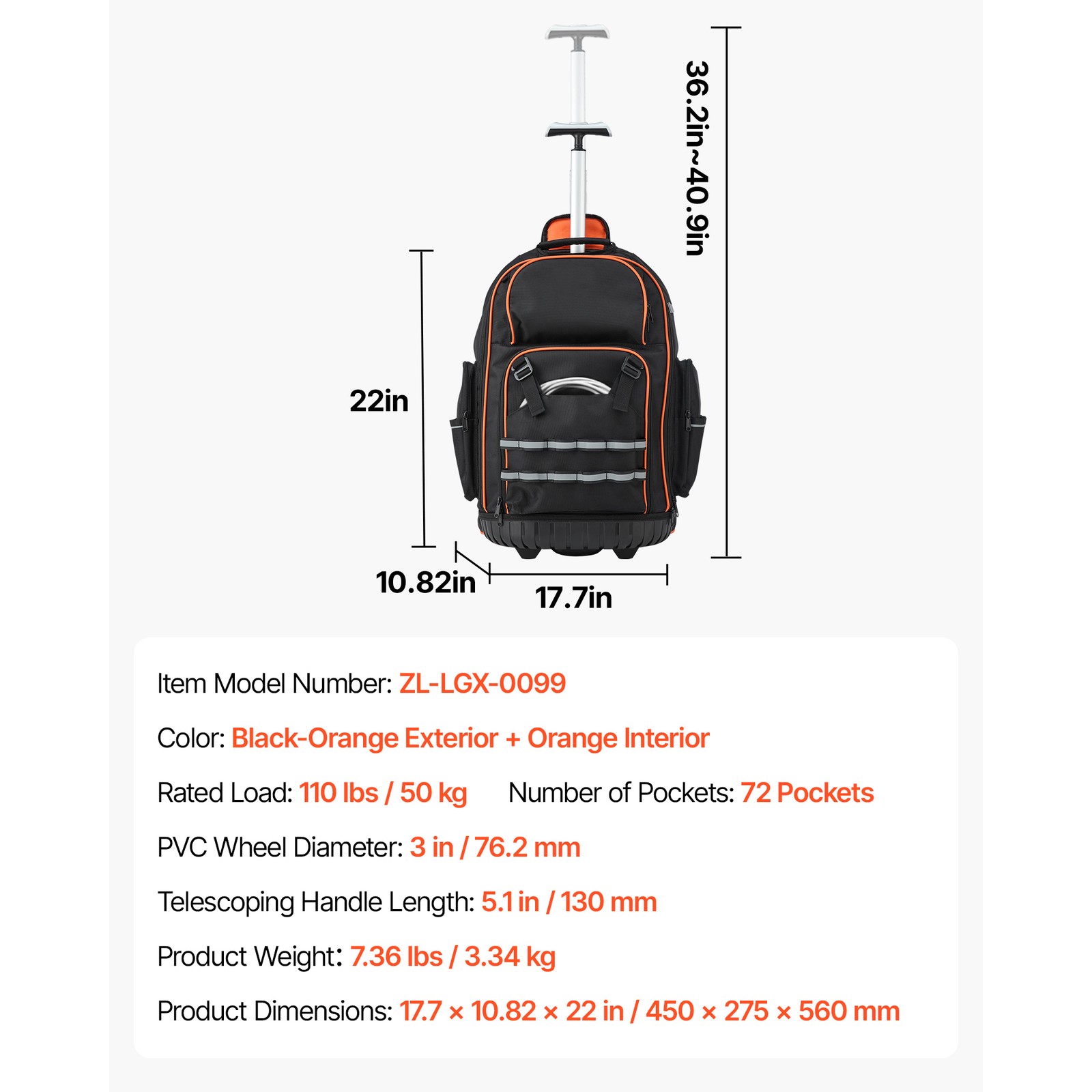 Uimoso Rolling Tool Backpack 72 Pockets Heavy Duty 15″ Roller Tool Bag on Wheels