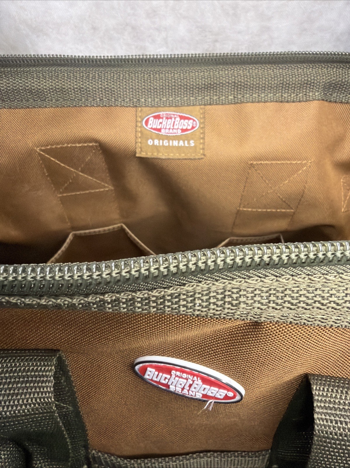 Bucket Boss Tool Bag: 16 Inches Wide 12 Pocket Brown And Green Heavy Duty NEW.