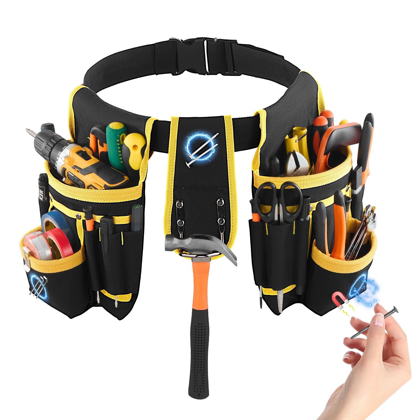 28-Pocket Magnetic Tool Belt, 600D Polyester, Adjustable 31-48in Waist