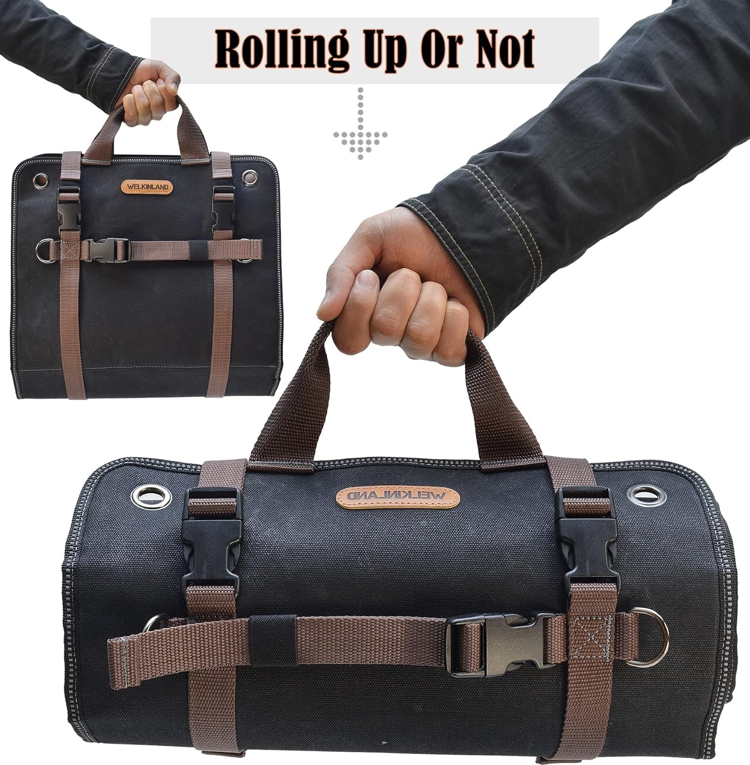 WELKINLAND Heavy-Duty Waxed Canvas Tool roll, 15-Pockets Black/Brown